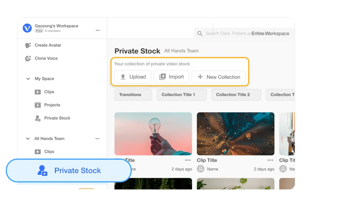 Visla Private Stock dashboard showing labeled Collections and AI tagging system for searchable footage.